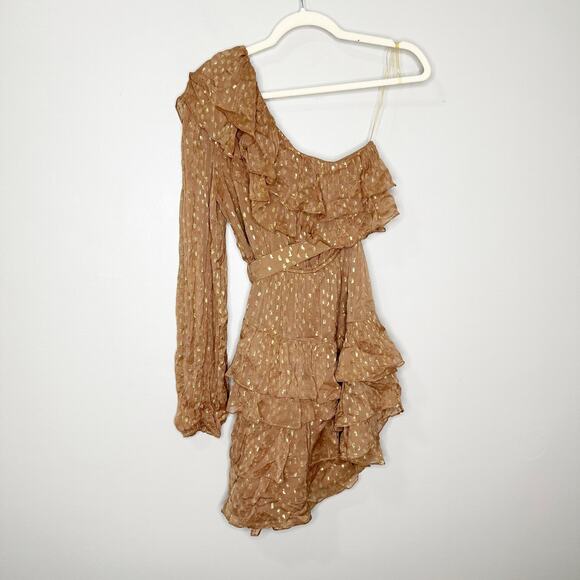 Rococo Sand Aine One Shoulder Tan Gold Ruffle Mini Dress Medium - Picture 4 of 11